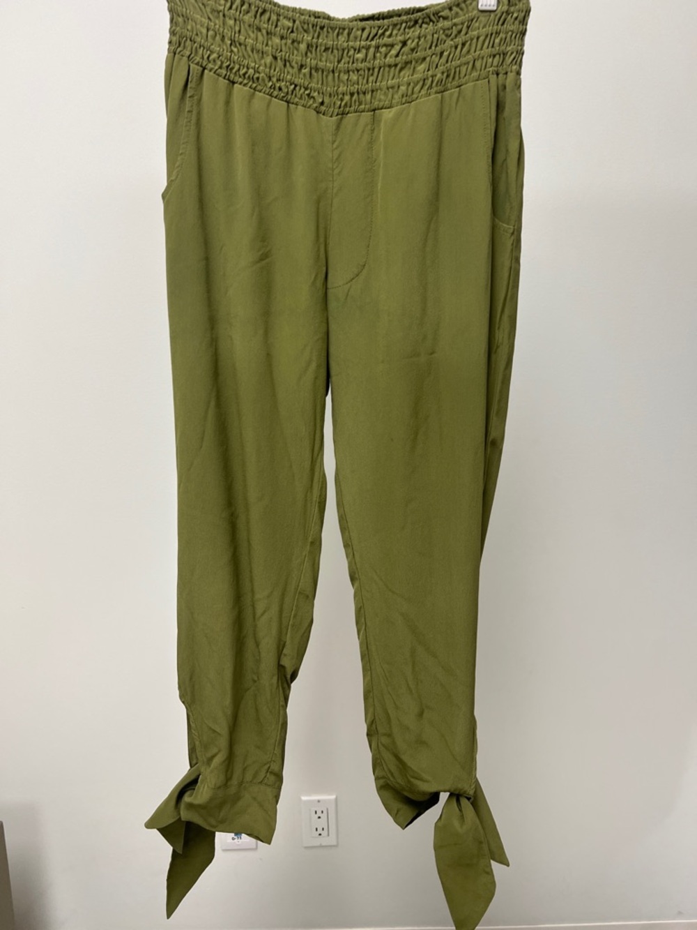Little Joe Olive Silk Tie-Hem Smocked Waist Trousers